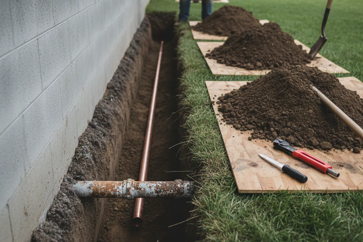 Excavated water line trench during Sewer Line Repair in Harvey